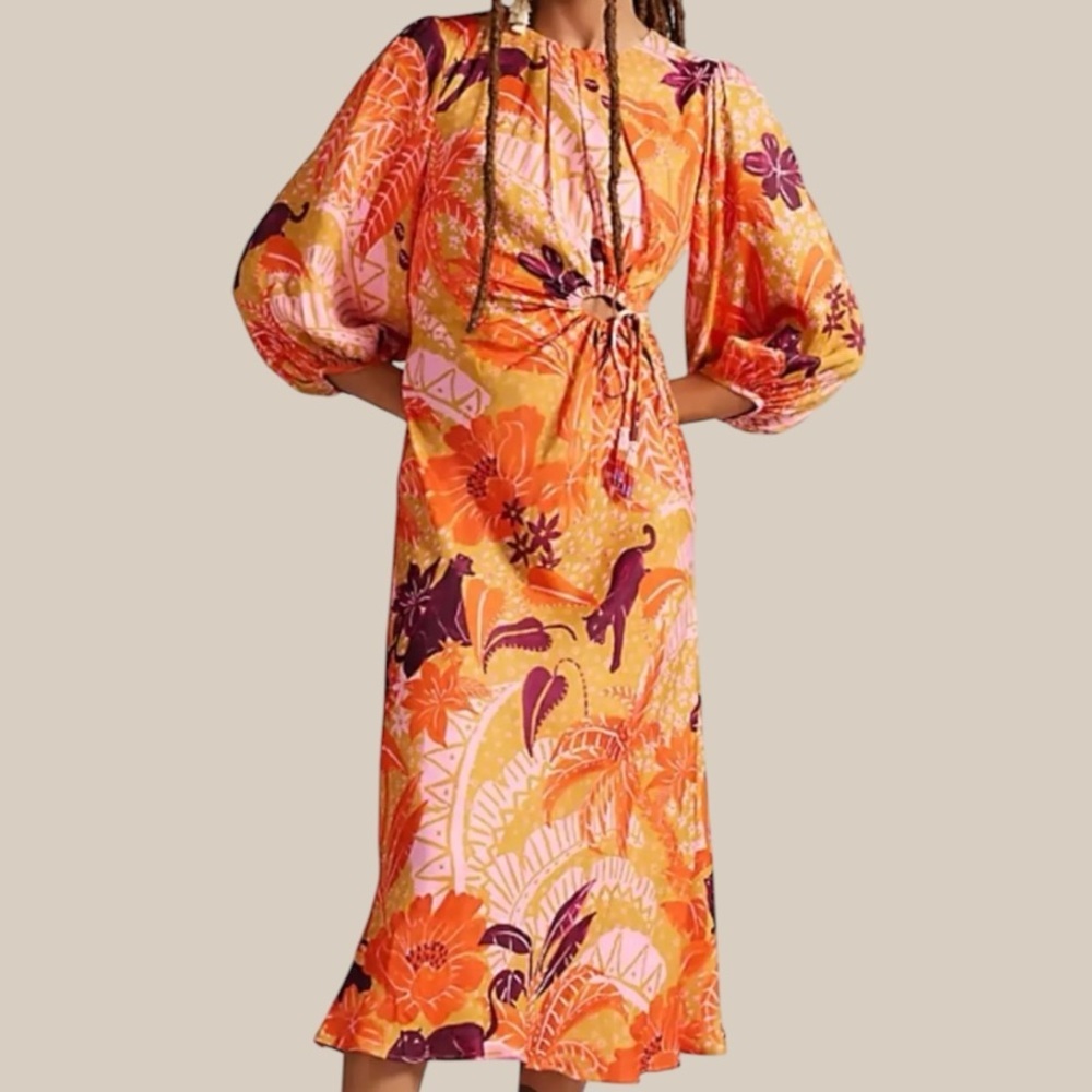 Farm Rio Orange Floral Midi Dress with Puff Sleeves
